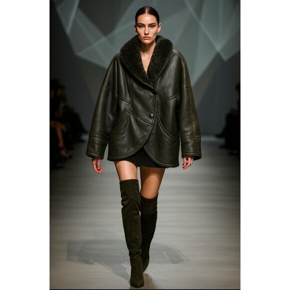 Umberto Olivieri Italy Leather Fur Coat Jacket  Oversized Designer Sparrling - Picture 1 of 16